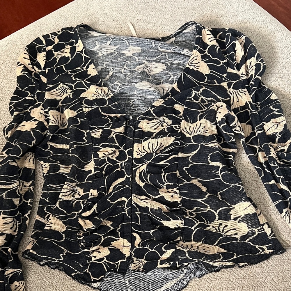 Free People Black and Cream Floral Blouse